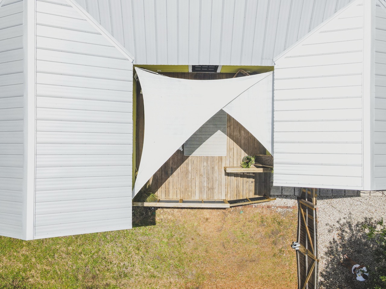 Overhead view of sail-shaded patio